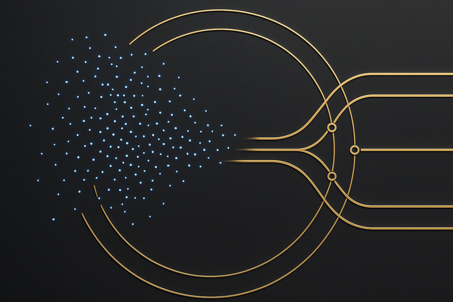 Blue uncertainty signals being organized into governed gold workflow paths.